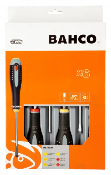Набор отверток ERGO™, 6 штук. Под винты со шлицем и Phillips BE-9881