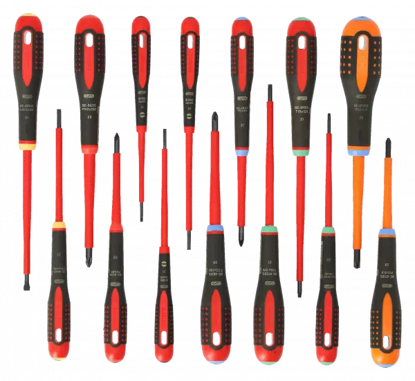Набор изолированных отверток ERGO™, 14 штук. Под винты со шлицем, Phillips, Pozidriv, TORX® и комбинированные винты Pozidriv BE-9876S
